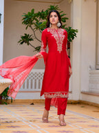Sequined & Zari Embroidered Kurta With Pant & Net Dupatta, Red - Hiral Fashion | Grocsy