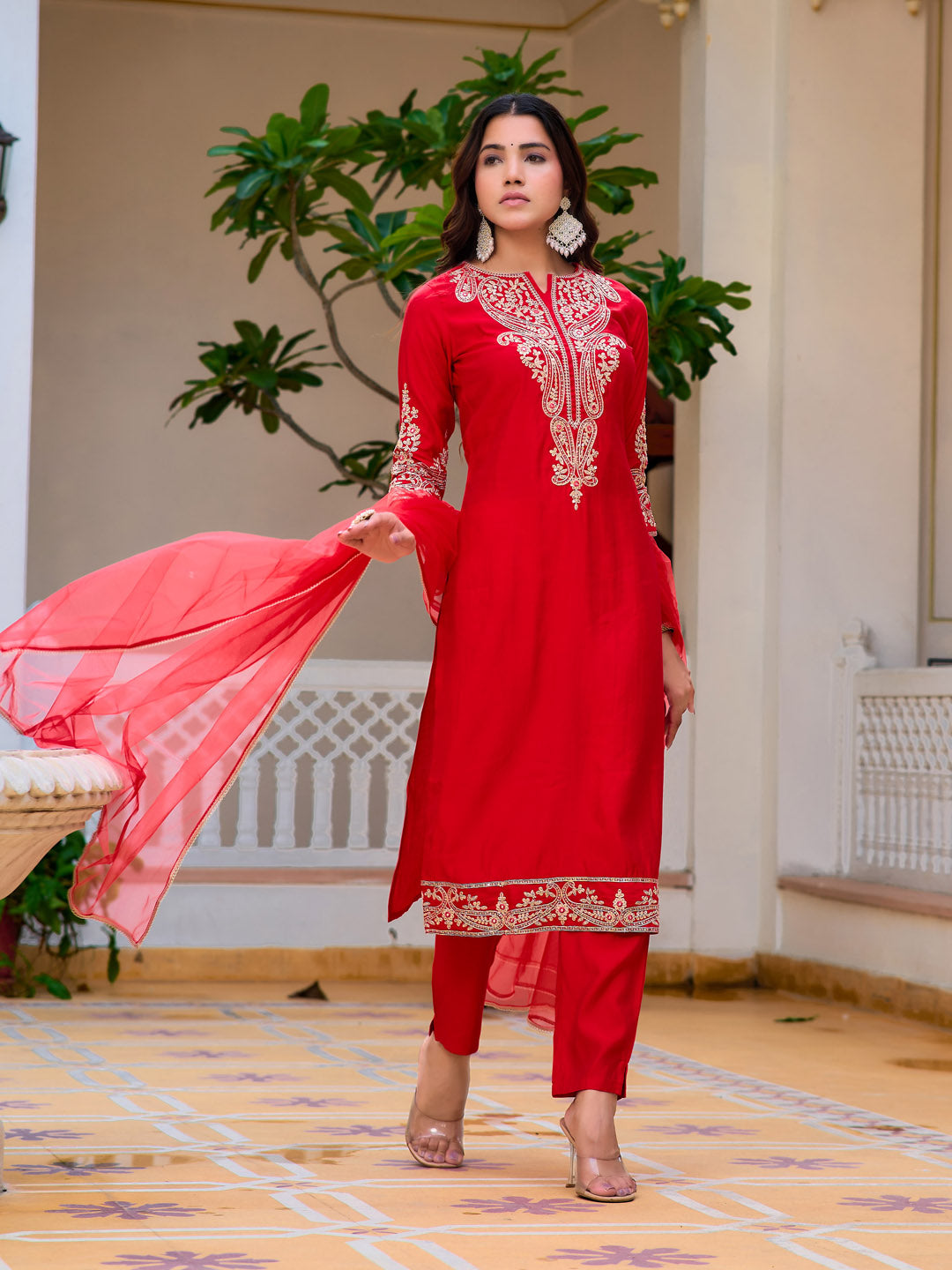 Sequined & Zari Embroidered Kurta With Pant & Net Dupatta, Red - Hiral Fashion | Grocsy