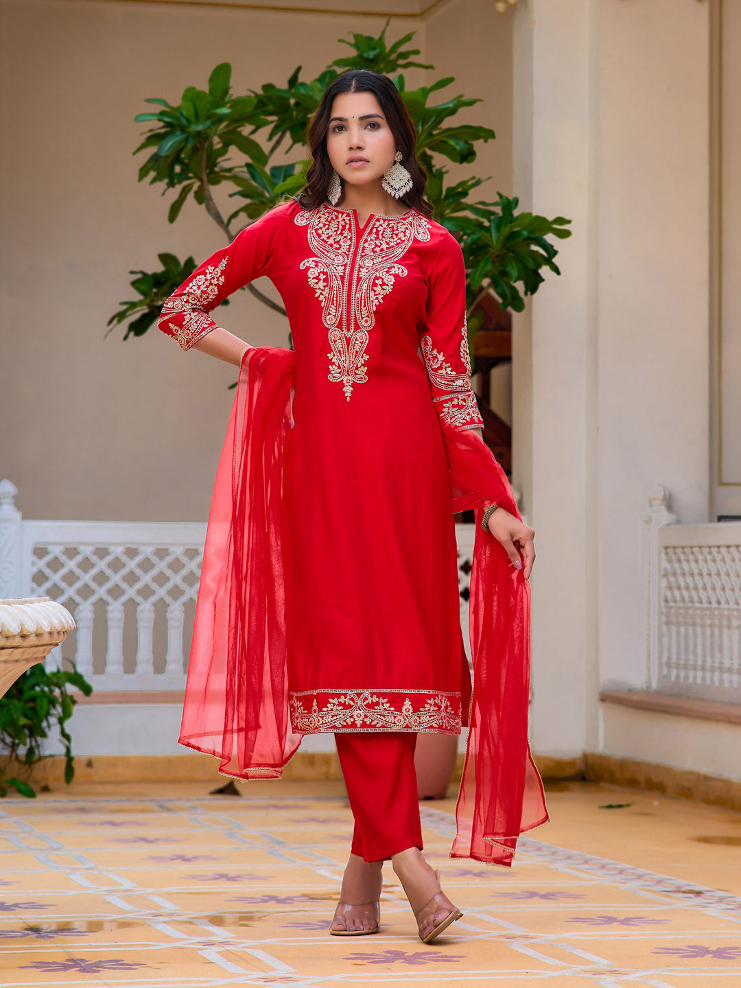 Sequined & Zari Embroidered Kurta With Pant & Net Dupatta, Red - Hiral Fashion | Grocsy