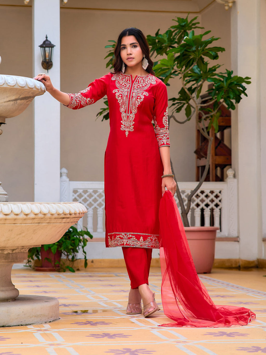 Sequined & Zari Embroidered Kurta With Pant & Net Dupatta, Red - Hiral Fashion | Grocsy