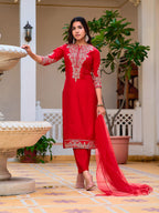 Sequined & Zari Embroidered Kurta With Pant & Net Dupatta, Red - Hiral Fashion | Grocsy