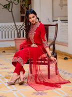 Sequined & Zari Embroidered Kurta With Pant & Net Dupatta, Red - Hiral Fashion | Grocsy