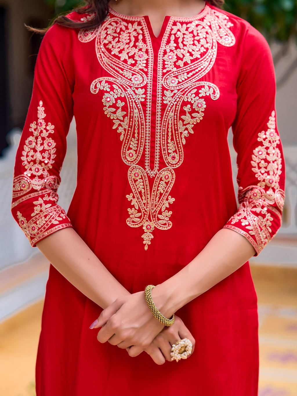 Sequined & Zari Embroidered Kurta With Pant & Net Dupatta, Red - Hiral Fashion | Grocsy
