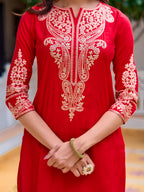 Sequined & Zari Embroidered Kurta With Pant & Net Dupatta, Red - Hiral Fashion | Grocsy