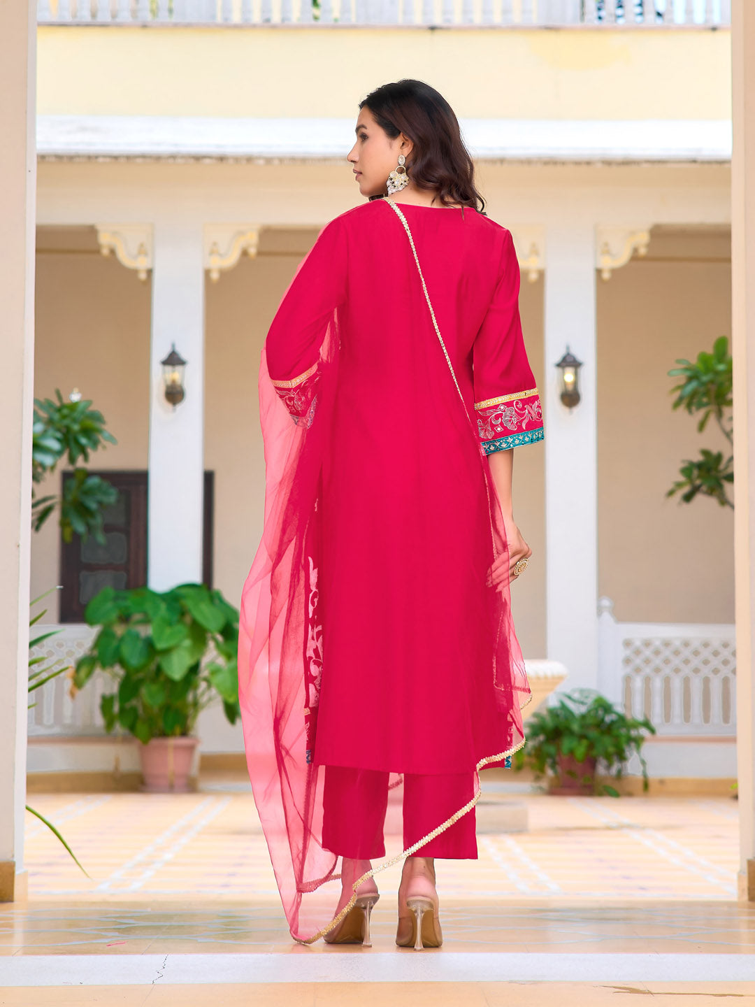 Embroidered Kurta With Pant & Lace Dupatta, Pink - Hiral Fashion | Grocsy