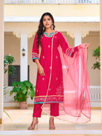 Embroidered Kurta With Pant & Lace Dupatta, Pink - Hiral Fashion | Grocsy
