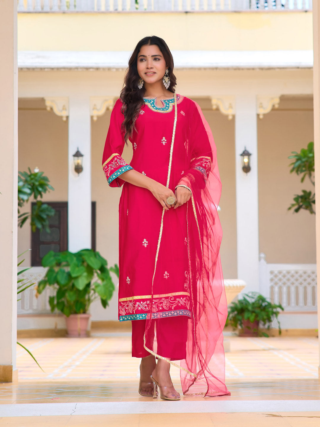 Embroidered Kurta With Pant & Lace Dupatta, Pink - Hiral Fashion | Grocsy