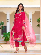 Embroidered Kurta With Pant & Lace Dupatta, Pink - Hiral Fashion | Grocsy