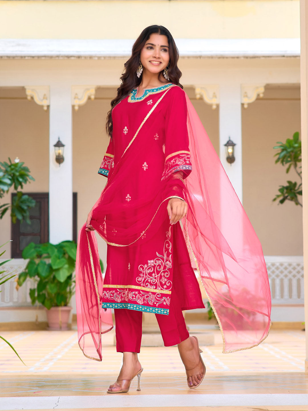 Embroidered Kurta With Pant & Lace Dupatta, Pink - Hiral Fashion | Grocsy