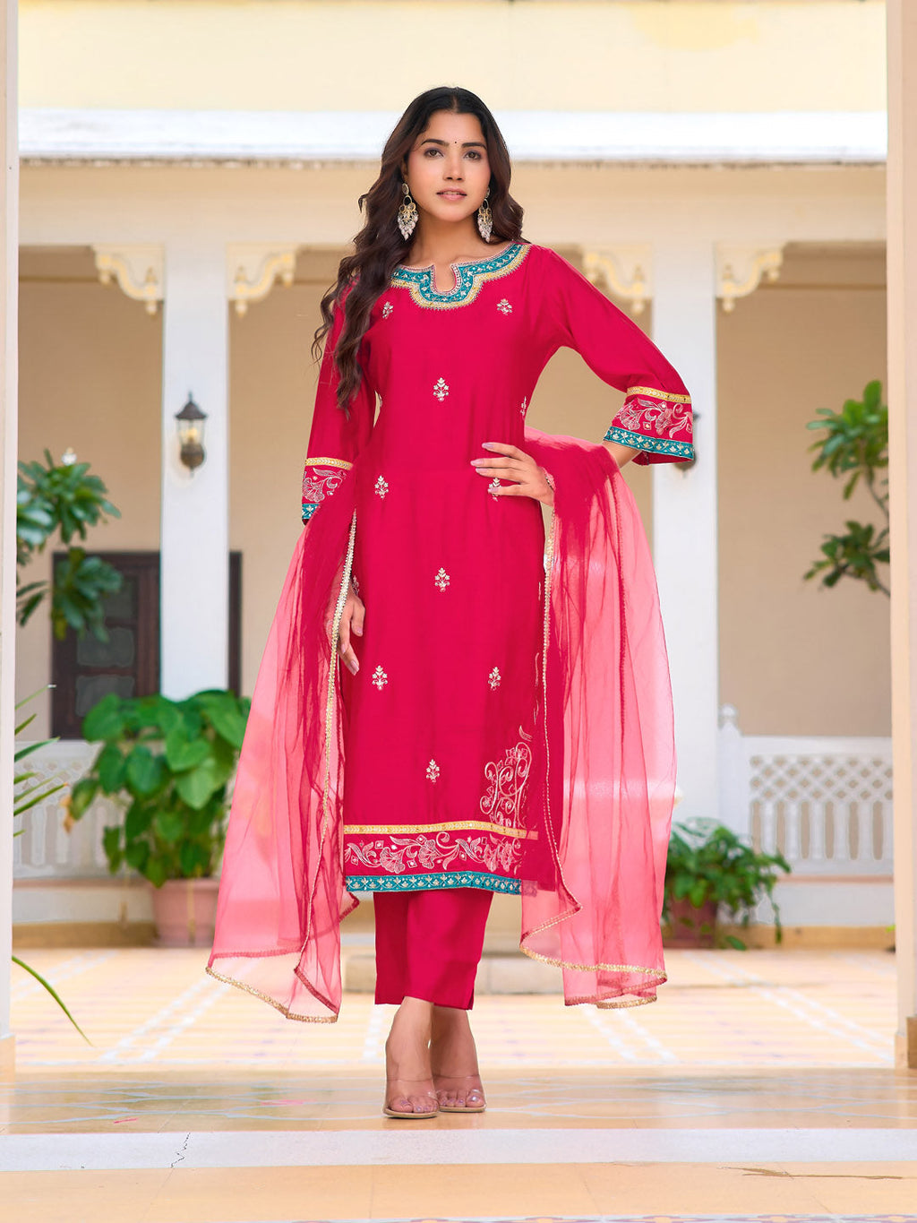 Embroidered Kurta With Pant & Lace Dupatta, Pink - Hiral Fashion | Grocsy
