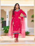 Embroidered Kurta With Pant & Lace Dupatta, Pink - Hiral Fashion | Grocsy