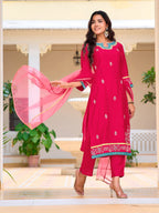 Embroidered Kurta With Pant & Lace Dupatta, Pink - Hiral Fashion | Grocsy