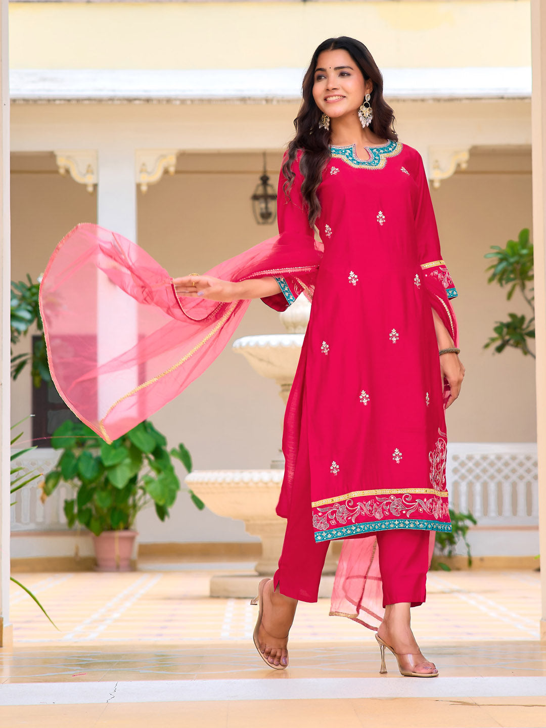 Embroidered Kurta With Pant & Lace Dupatta, Pink - Hiral Fashion | Grocsy