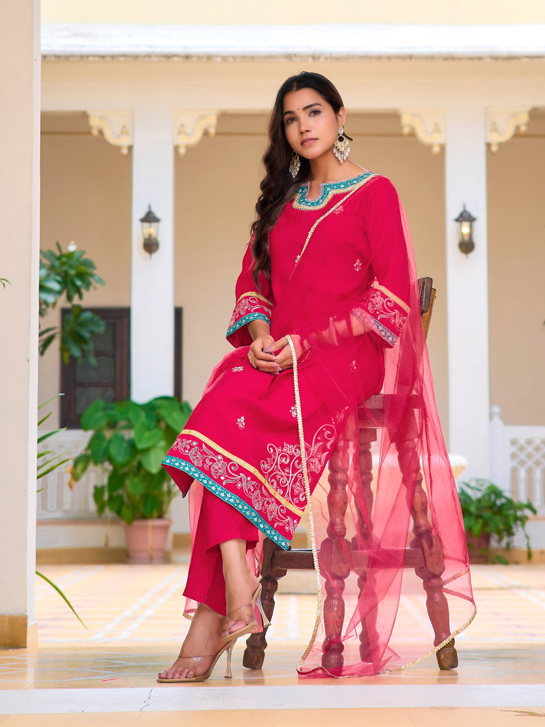 Embroidered Kurta With Pant & Lace Dupatta, Pink - Hiral Fashion | Grocsy