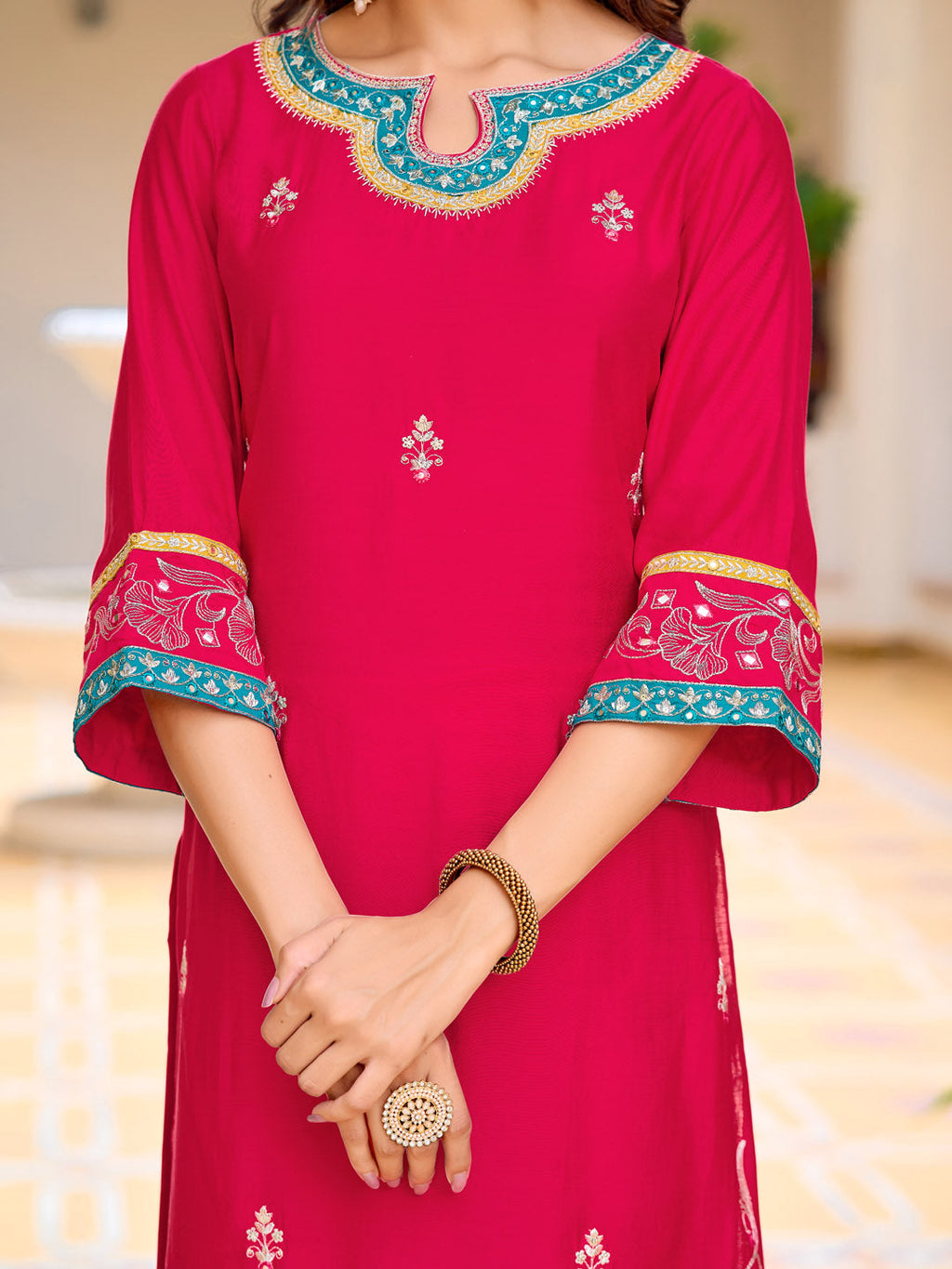 Embroidered Kurta With Pant & Lace Dupatta, Pink - Hiral Fashion | Grocsy