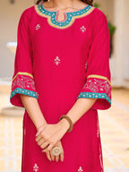 Embroidered Kurta With Pant & Lace Dupatta, Pink - Hiral Fashion | Grocsy