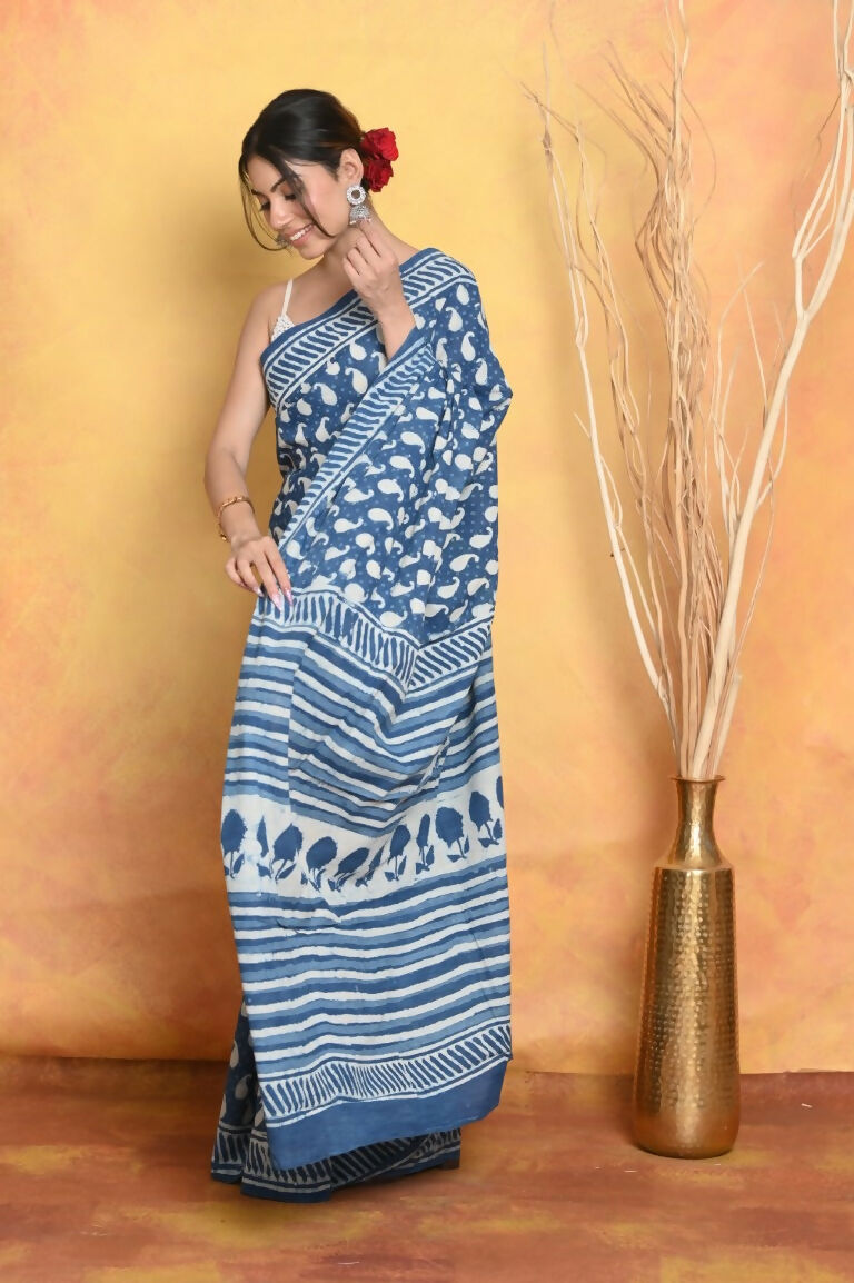 Very Much Indian Handblock Printed Cotton Saree With Natural Dyes - Blue | Grocsy