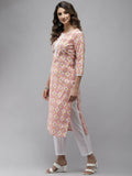 Yufta Women Peach And White Kurta with Trouser Set | Grocsy