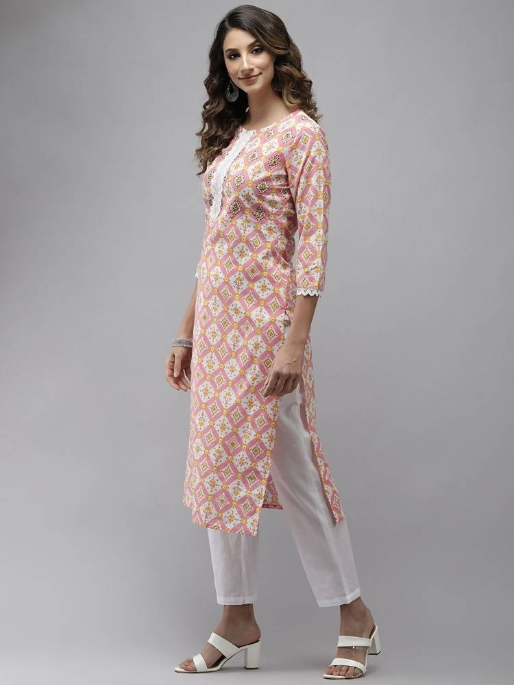 Yufta Women Peach And White Kurta with Trouser Set | Grocsy