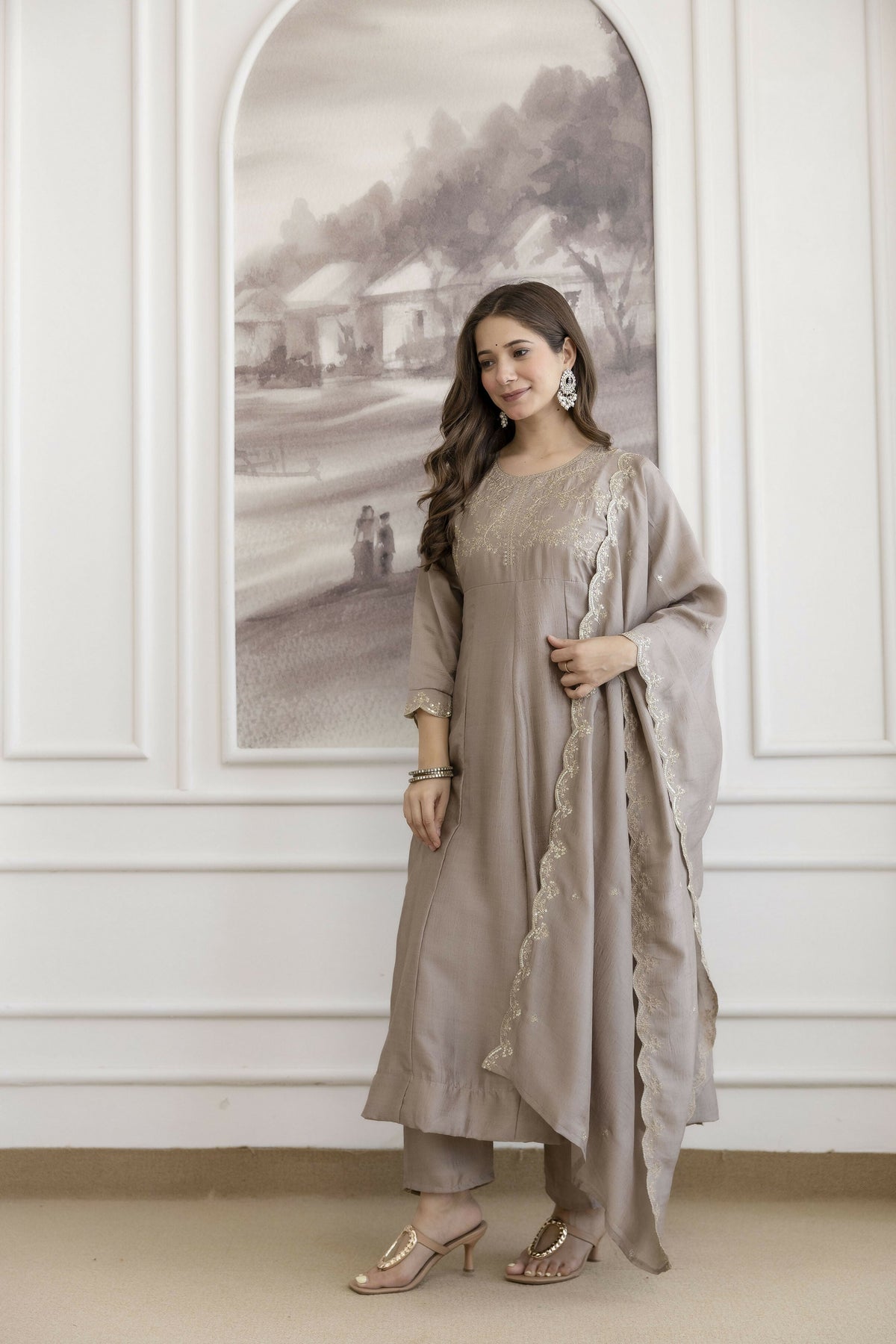 The52 Chiku Women's Beautiful Vichitra Silk Fabric Embroidered Work Flared Anarkali Pant and Dupatta Set | Grocsy