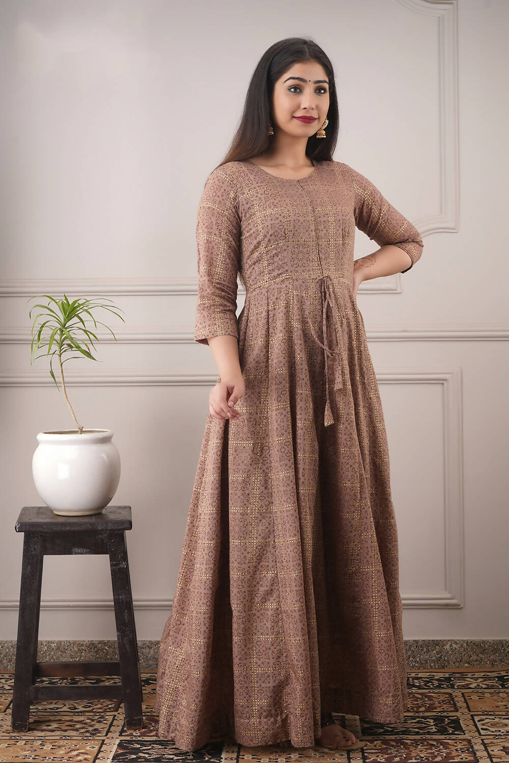 Partywear Designer Hand Screen and Foil Print Lightbrown Pure chanderi Gown - Anbazaar | Grocsy
