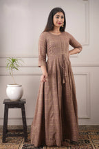 Partywear Designer Hand Screen and Foil Print Lightbrown Pure chanderi Gown - Anbazaar | Grocsy