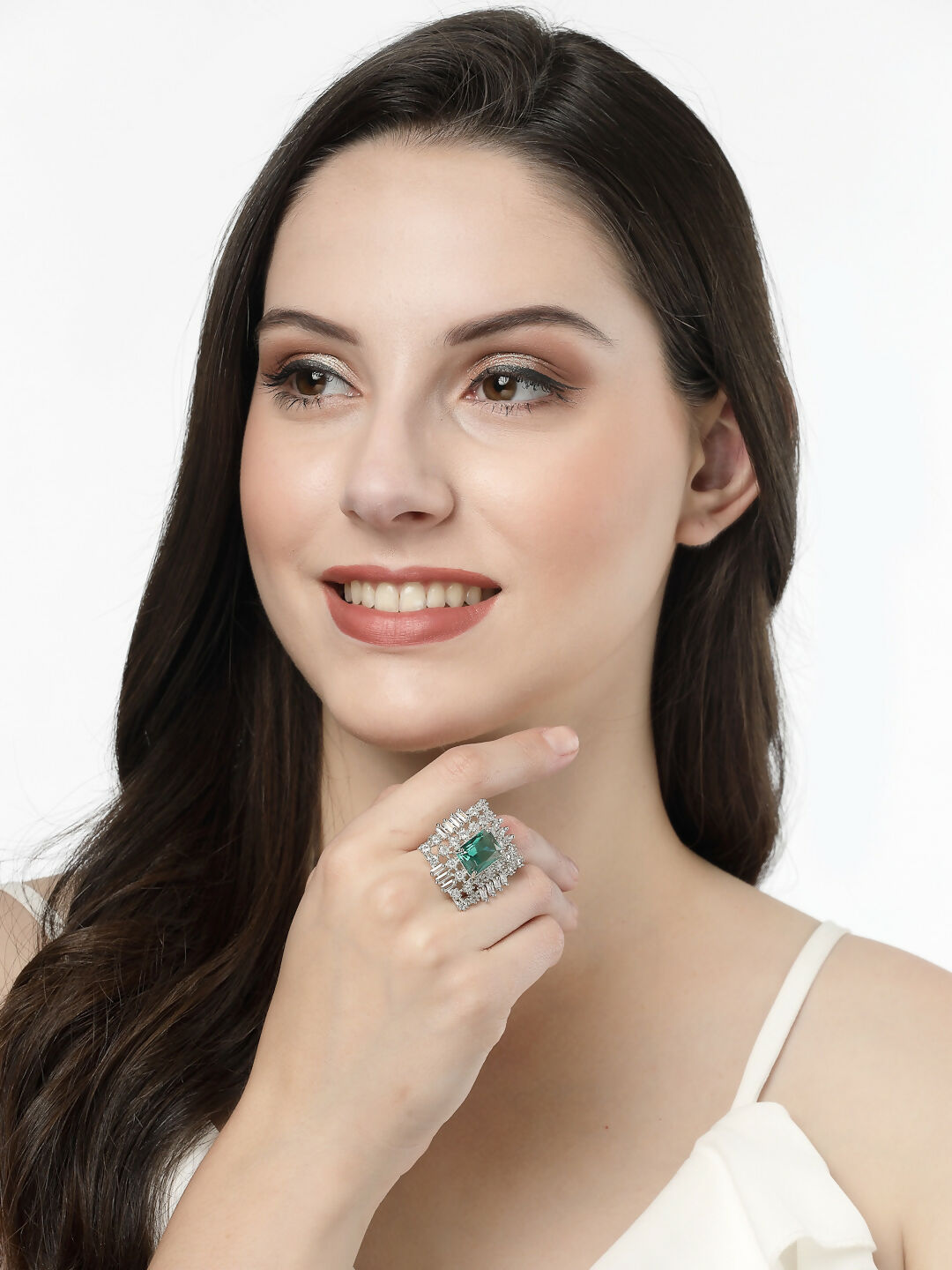 NVR Women's Green & Silver CZ-Studded Square-Shaped Adjustable Finger Ring | Grocsy