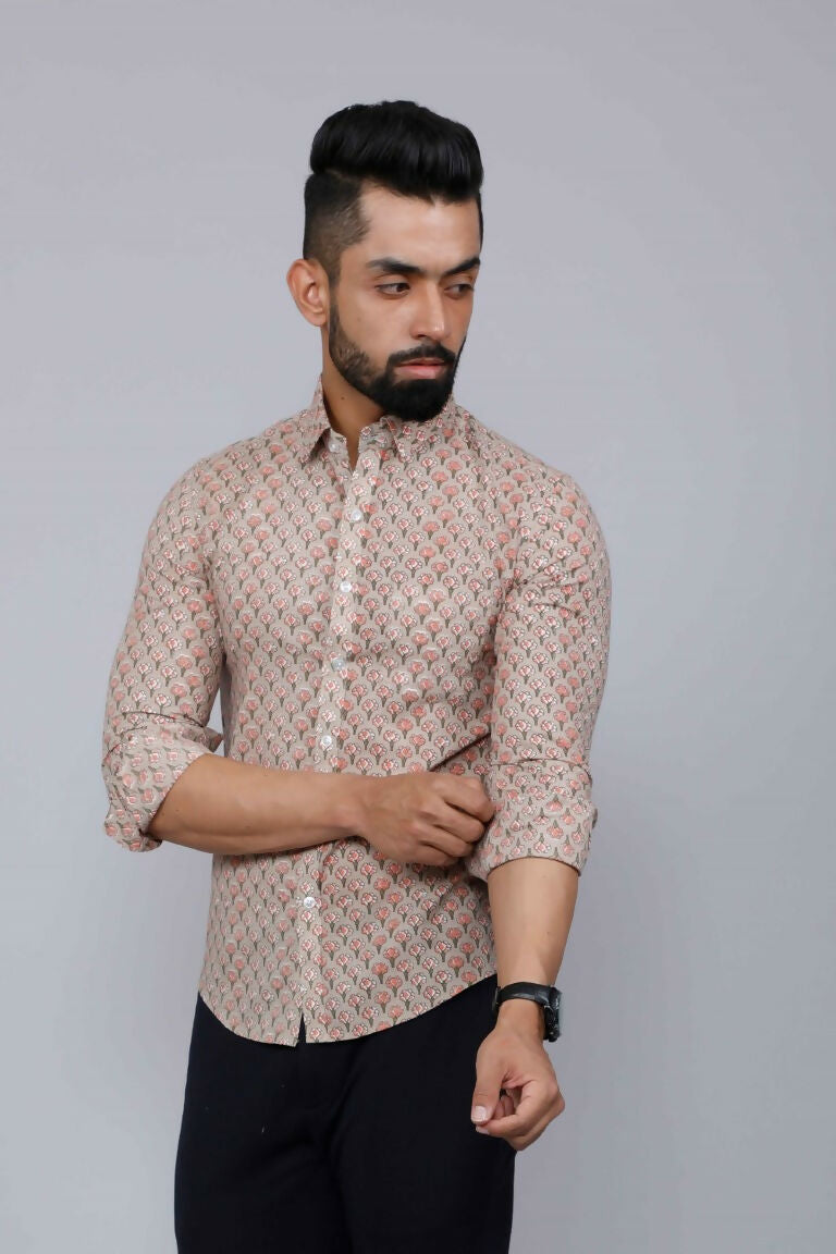 Miravan Men's Beige Pure Cotton Handblock Floral Print Shirt | Grocsy