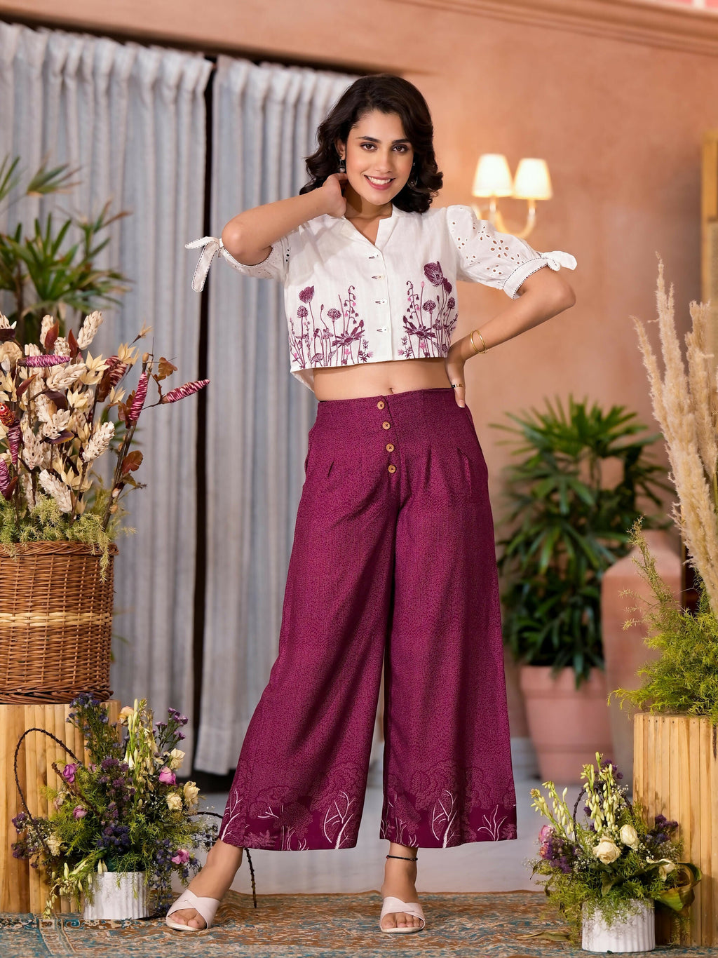 Juniper Women's Wine Thread Embroidered Cotton Shirt Crop Top & Pant Co-Ord Set With Buttons & Tie-ups | Grocsy