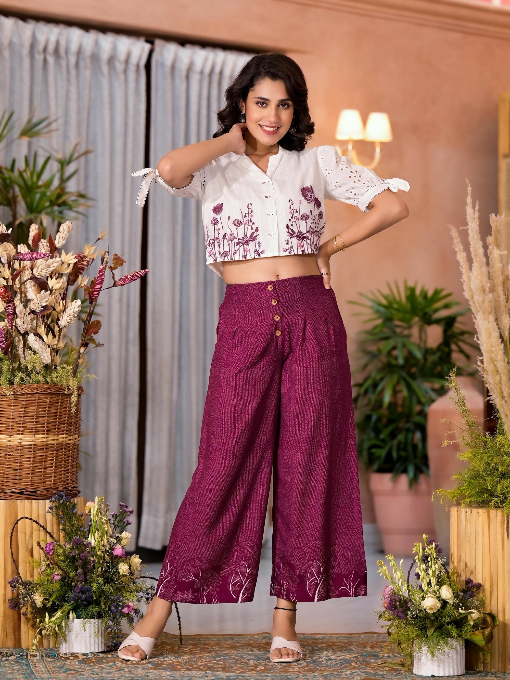 Juniper Women's Wine Thread Embroidered Cotton Shirt Crop Top & Pant Co-Ord Set With Buttons & Tie-ups | Grocsy