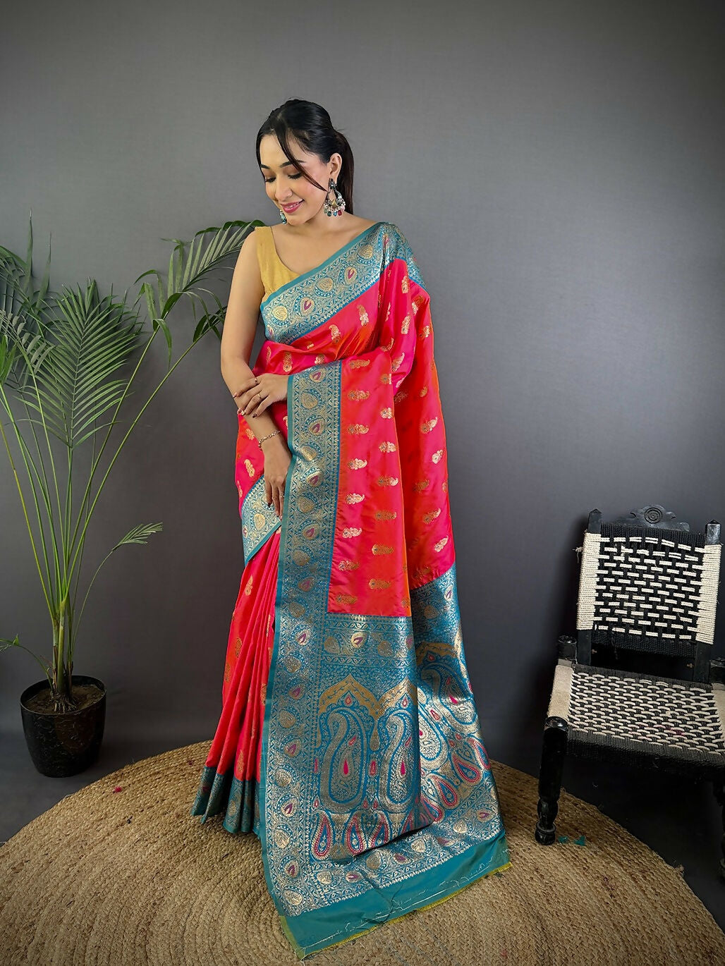 Joban Fashion Banarasi Pink Woven Butti Soft Silk Saree | Grocsy