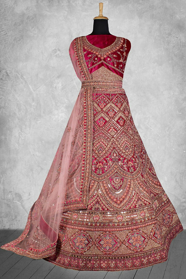Red Velvet Pure Mirror Work Semi Stitched Lehenga Choli with Dupatta - Nimaya Lagnotsav | Grocsy