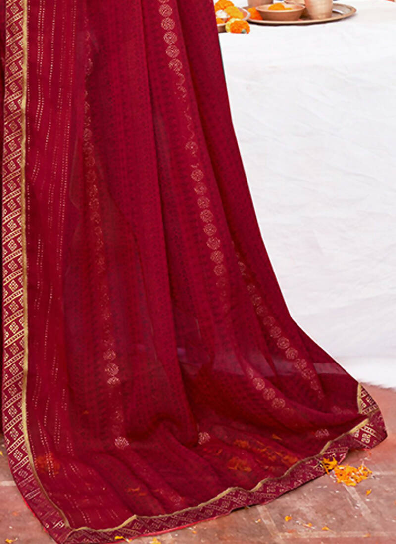 Maroon Georgette Foil Printed Saree with Unstitched Blouse Piece - Avika | Grocsy