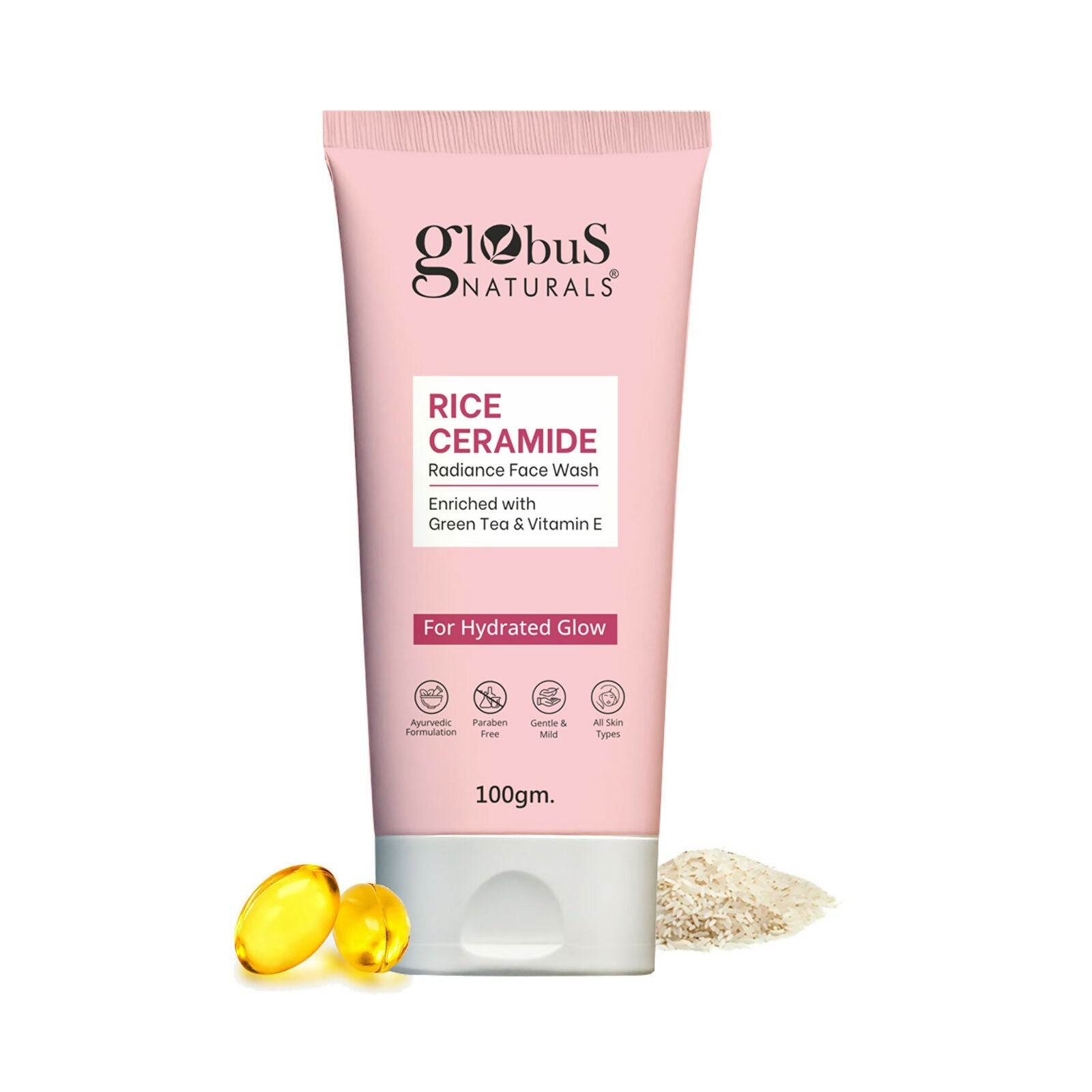 Globus Naturals Rice Ceramide Face Wash For Hydrated Glow, Enriched with Green Tea & Vitamin E | Grocsy