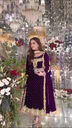 Joban Fashion Purple Velvet Sequence Embroidery Work Kurta Set | Grocsy