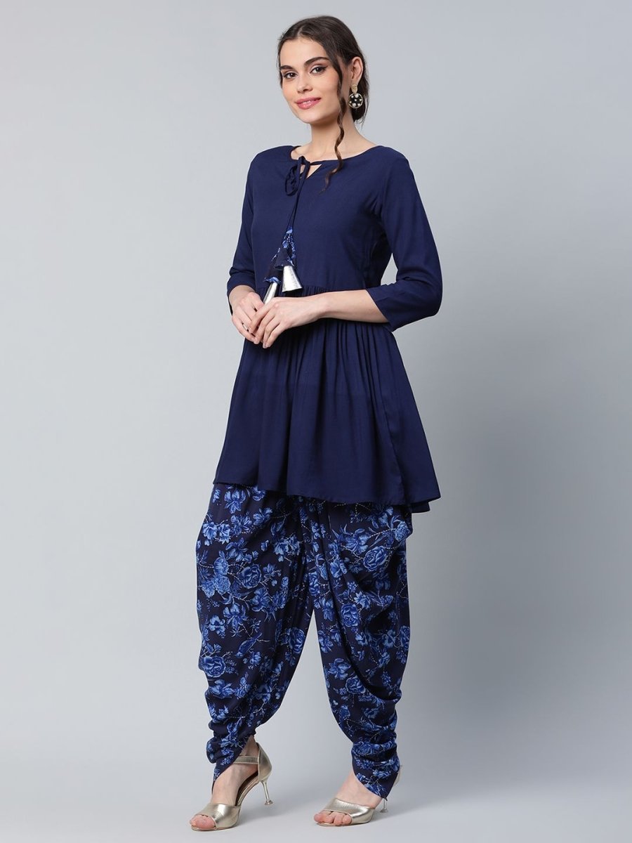 Ahalyaa Women Navy Blue Rayon Floral Empire Kurti with Dhoti Pants | Grocsy