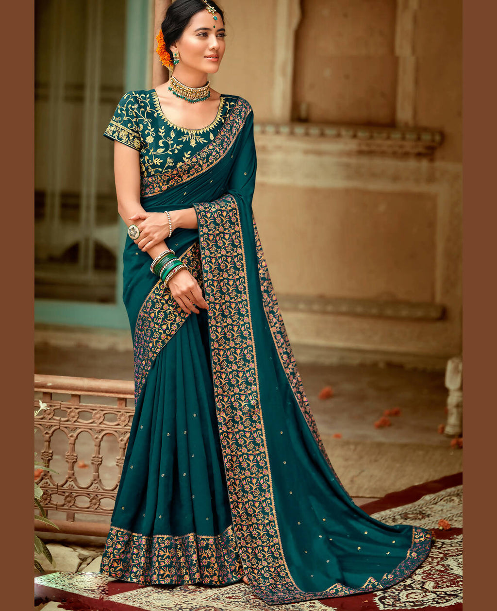 Blue Vichitra Stone Work Saree With Unstitched Blouse Piece - Rosy | Grocsy