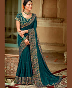 Blue Vichitra Stone Work Saree With Unstitched Blouse Piece - Rosy | Grocsy