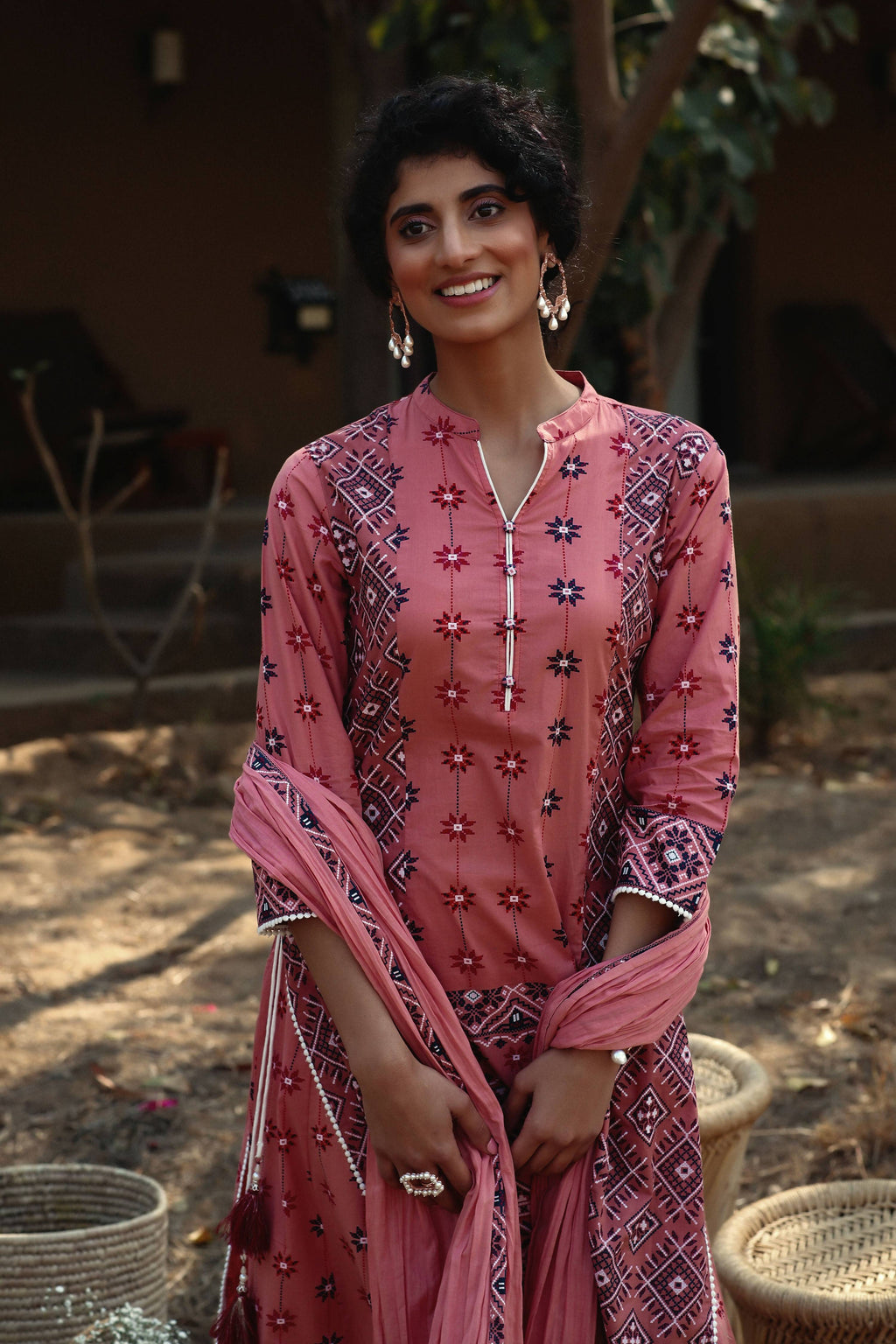 Juniper Peach Geometric Printed Pure Cotton Kurta & Palazzo Set with Lace Work | Grocsy
