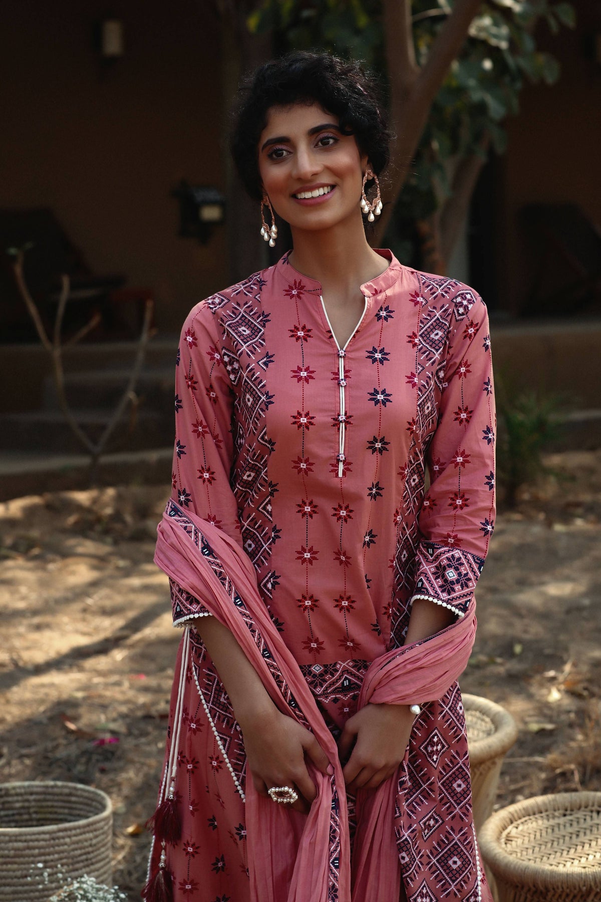 Juniper Peach Geometric Printed Pure Cotton Kurta & Palazzo Set with Lace Work | Grocsy