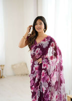 PR Fashion Purple Georgette Printed With Mirror Work Saree | Grocsy