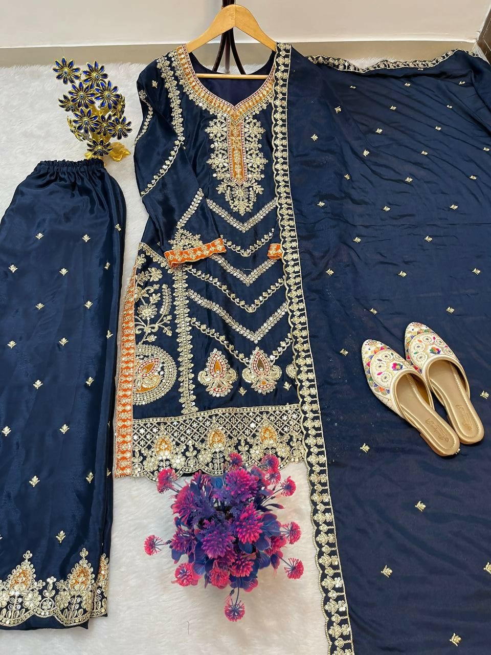 Teeya Creation Blue Color Chinon Silk Party Wear Trending Palazzo Set | Grocsy