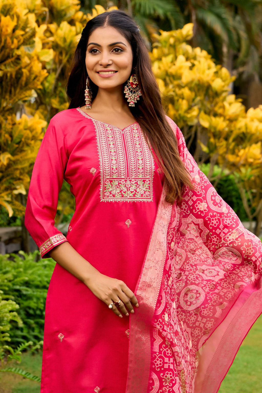 The52 Women's Beautiful Embroidery Work Roman Fabric Straight Kurta Pant and Dupatta Set | Grocsy
