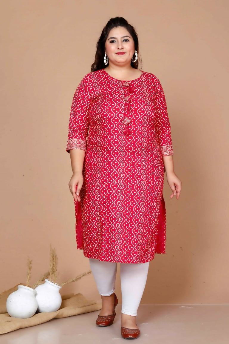 Miravan Women's Plus Size Pink Bandhani Pakistani Straight Kurti | Grocsy