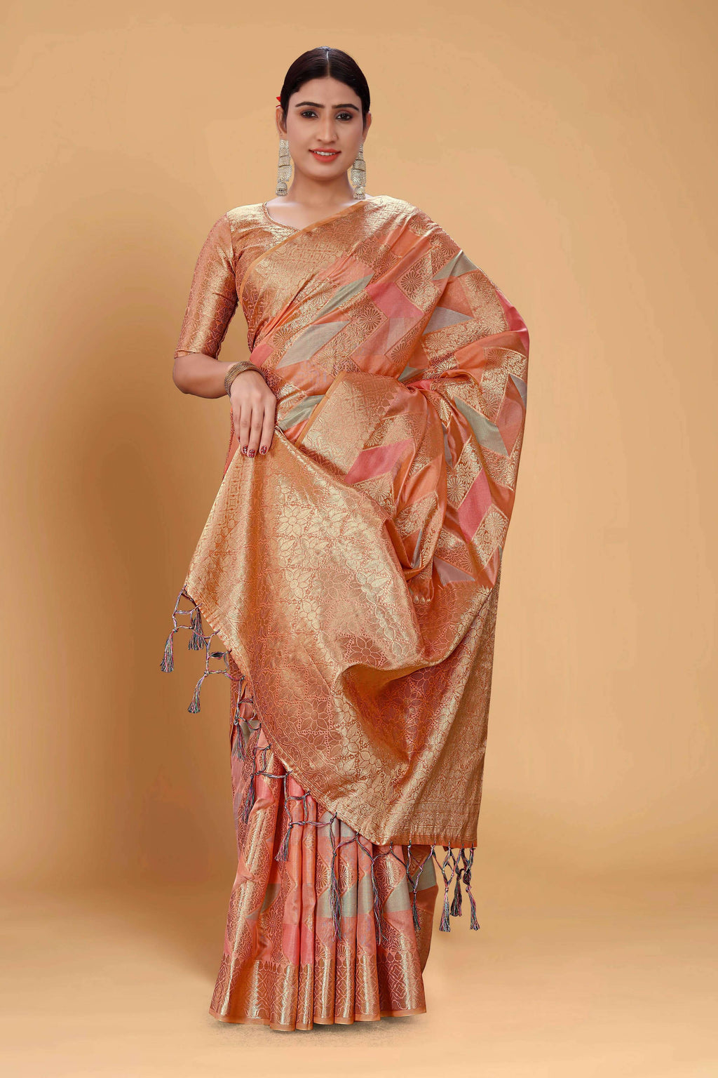 Peach Soft Organza Woven Design Saree With Unstitched Blouse Piece - Zaara | Grocsy