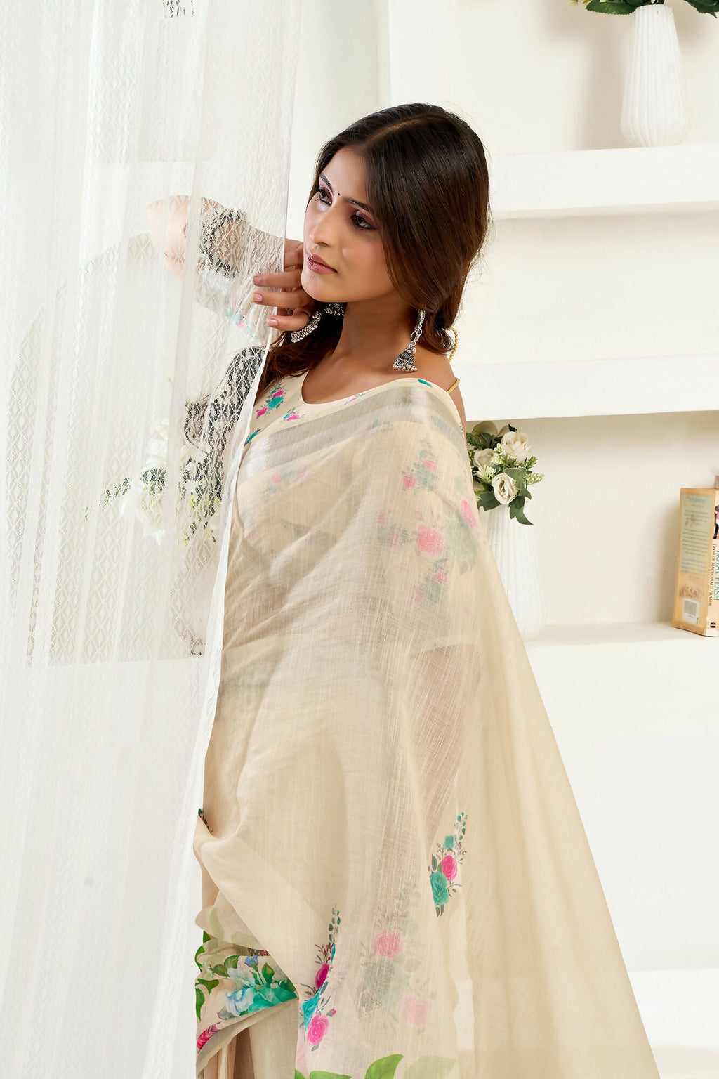 Vastranavya Cream Digital Printed Linen Ready To Wear Designer Saree with Unstitched Blouse | Grocsy