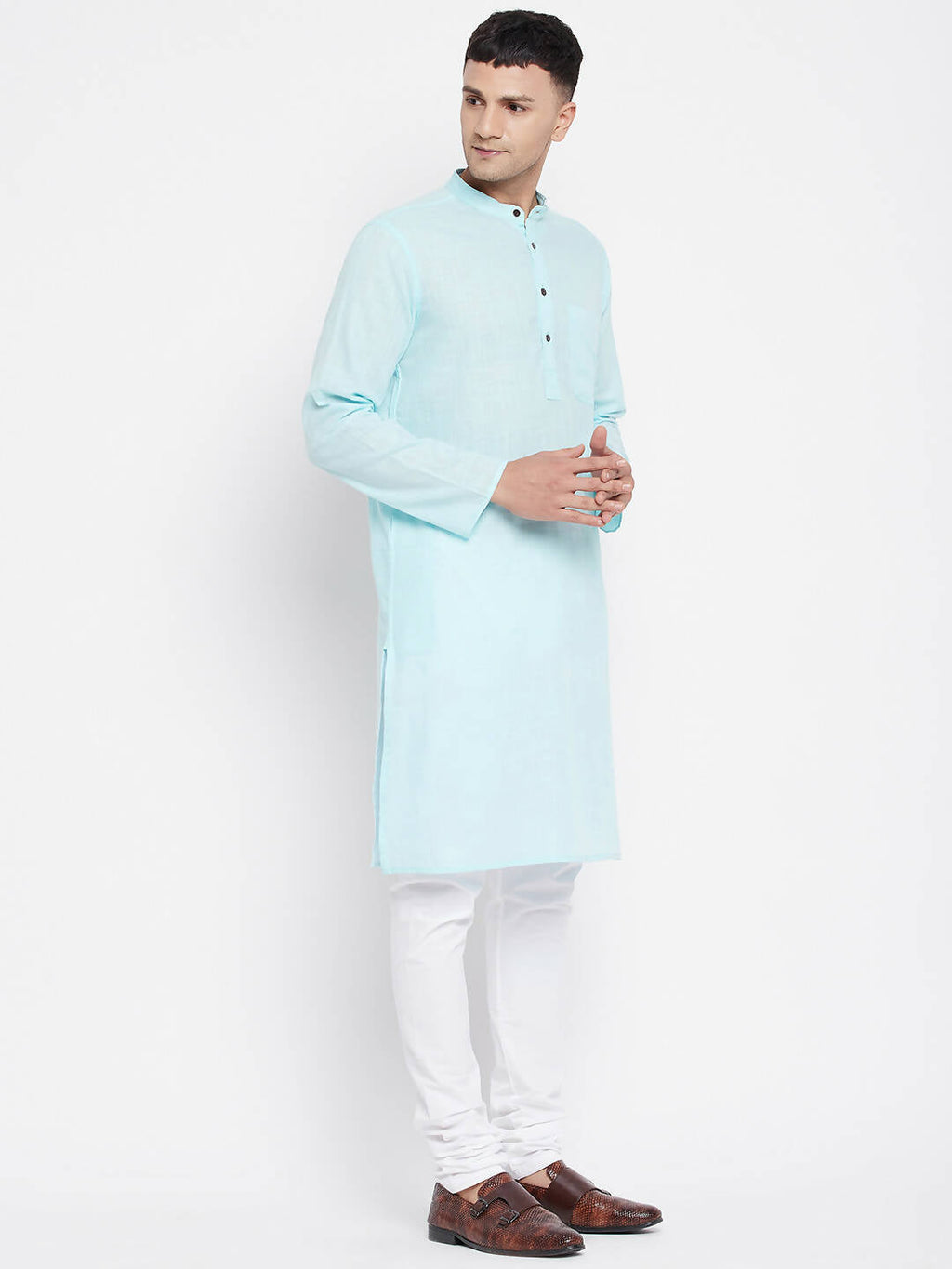 Even Apparels Pure Cotton Blue Color Men's Kurta With Band Collar | Grocsy