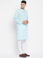 Even Apparels Pure Cotton Blue Color Men's Kurta With Band Collar | Grocsy