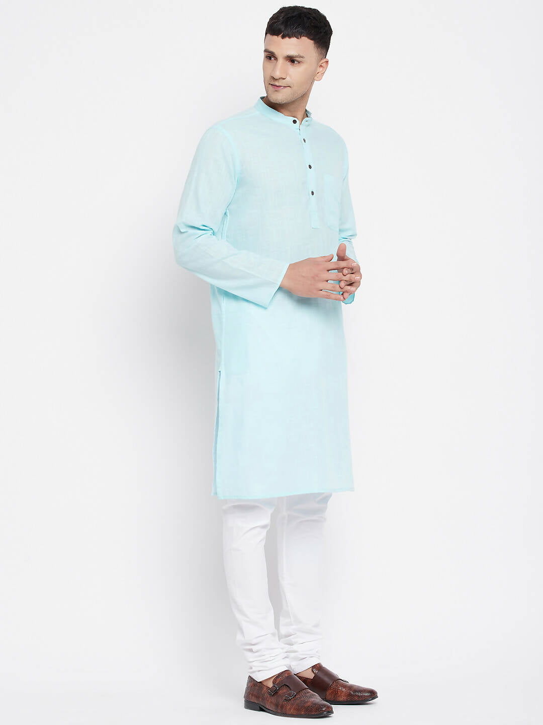 Even Apparels Pure Cotton Blue Color Men's Kurta With Band Collar | Grocsy