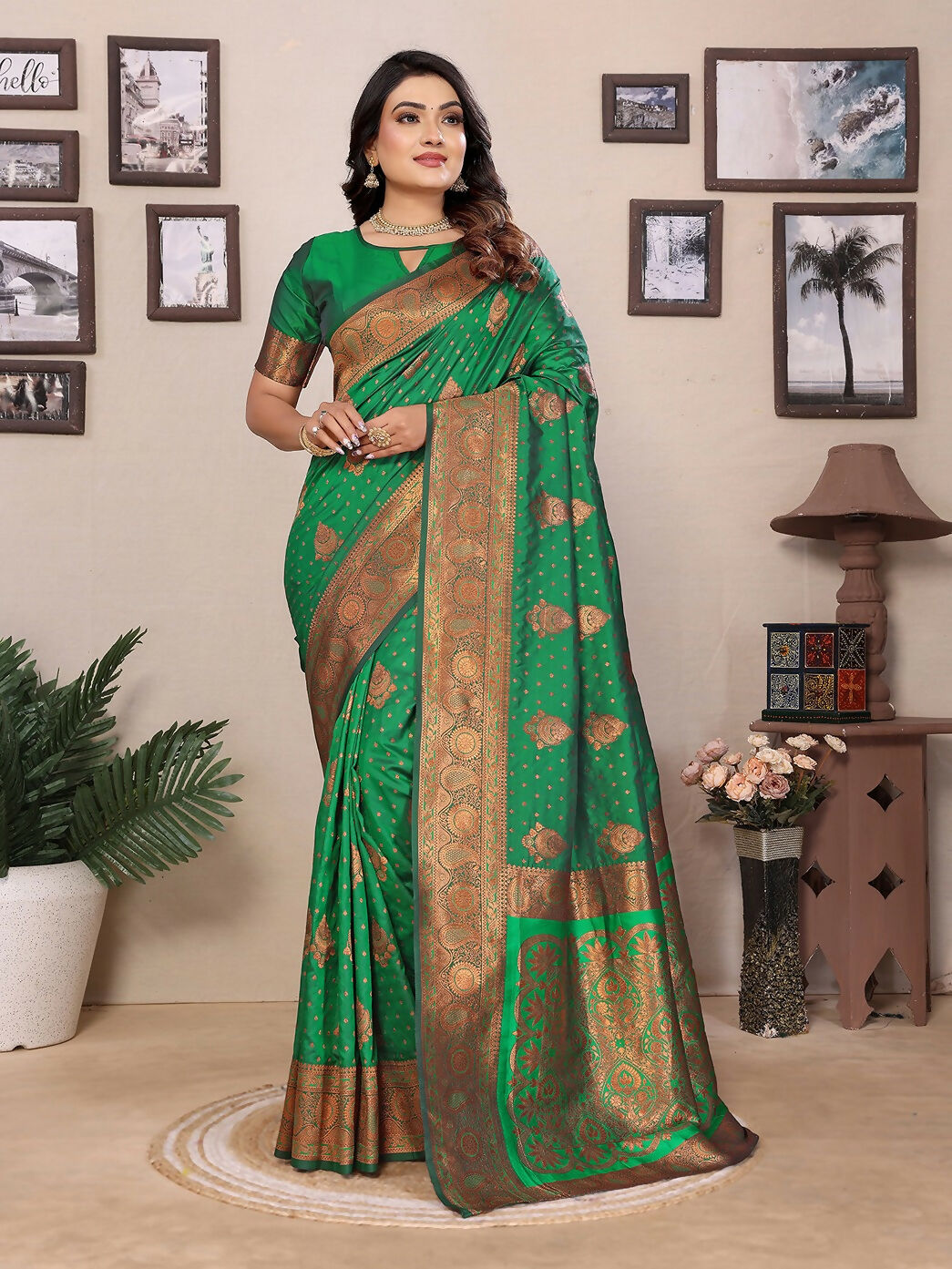 Joban Fashion Banarasi Green Woven Soft Silk Saree | Grocsy
